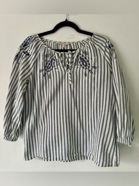 Esprit Striped Embroidered Bohemian Top - White/Navy women’s Size 6